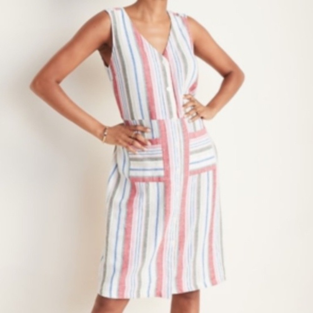 Old Navy Womens Linen Blend Striped Button Front Midi Dress Red Blue Green Sz M